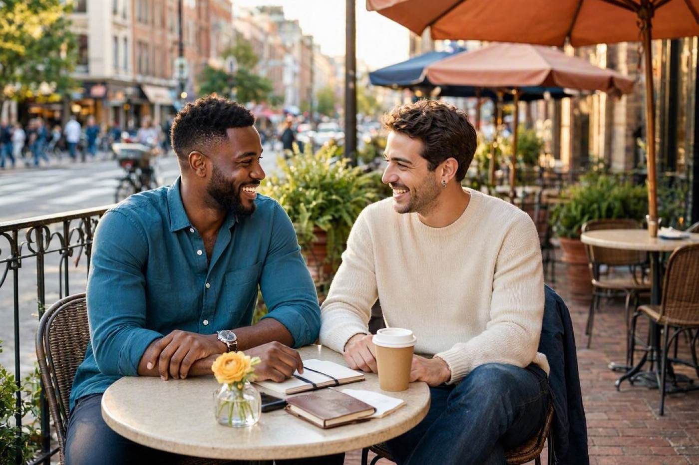 Two men smiling across a sunlit outdoor cafe table with coffee and notebooks